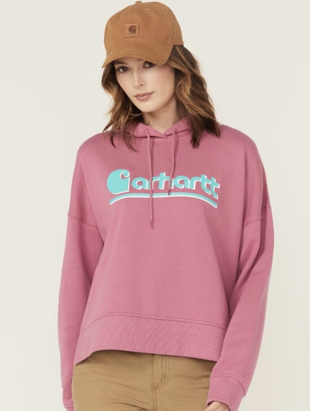 Carhartt Women's Dusty Rose Hoodie with Teal Logo Size XS